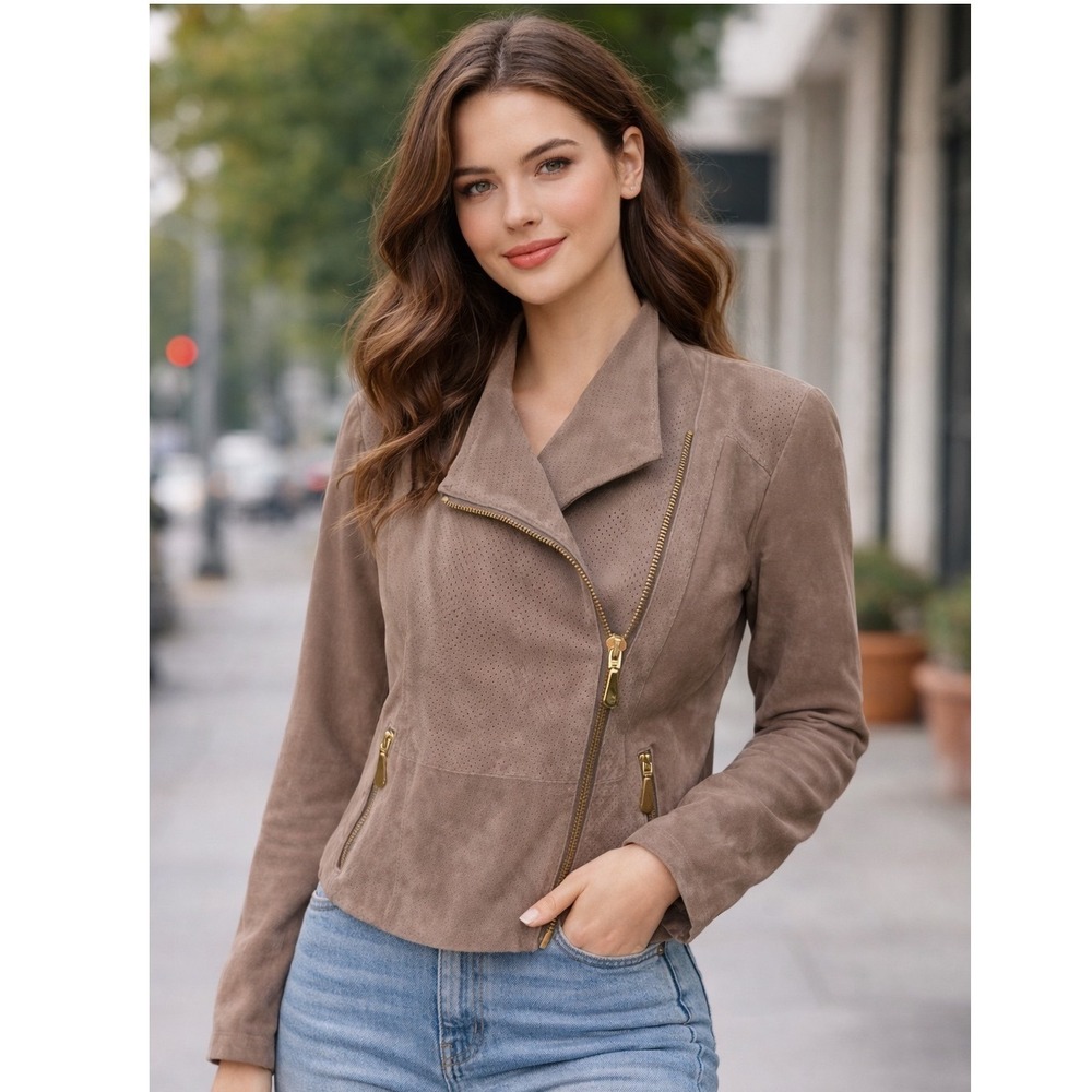 Queen Collection Taupe Suede Moto‎ Jacket Perforated Gold Zip S